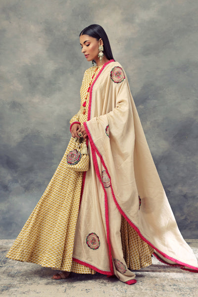 Mustard Yellow Bindu Print Anarkali & Embroidered Dupatta - BHUMIKA SHARMA