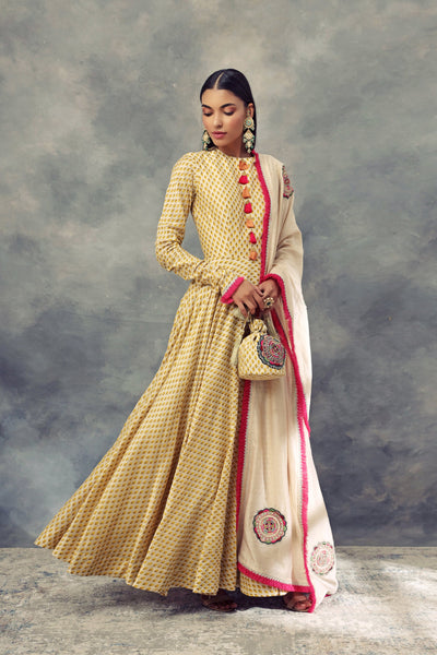 Mustard Yellow Bindu Print Anarkali & Embroidered Dupatta - BHUMIKA SHARMA