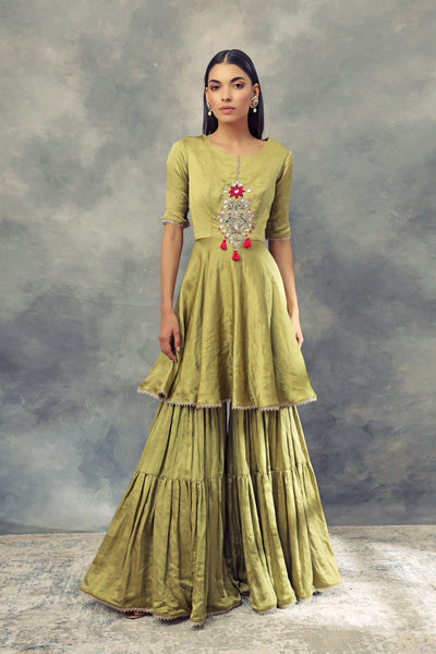 Olive Green Kurta & Sharara Set With Ambi Print Odhni - BHUMIKA SHARMA