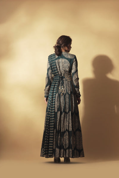 Teal Ambi Circle Print Belted Anarkali
