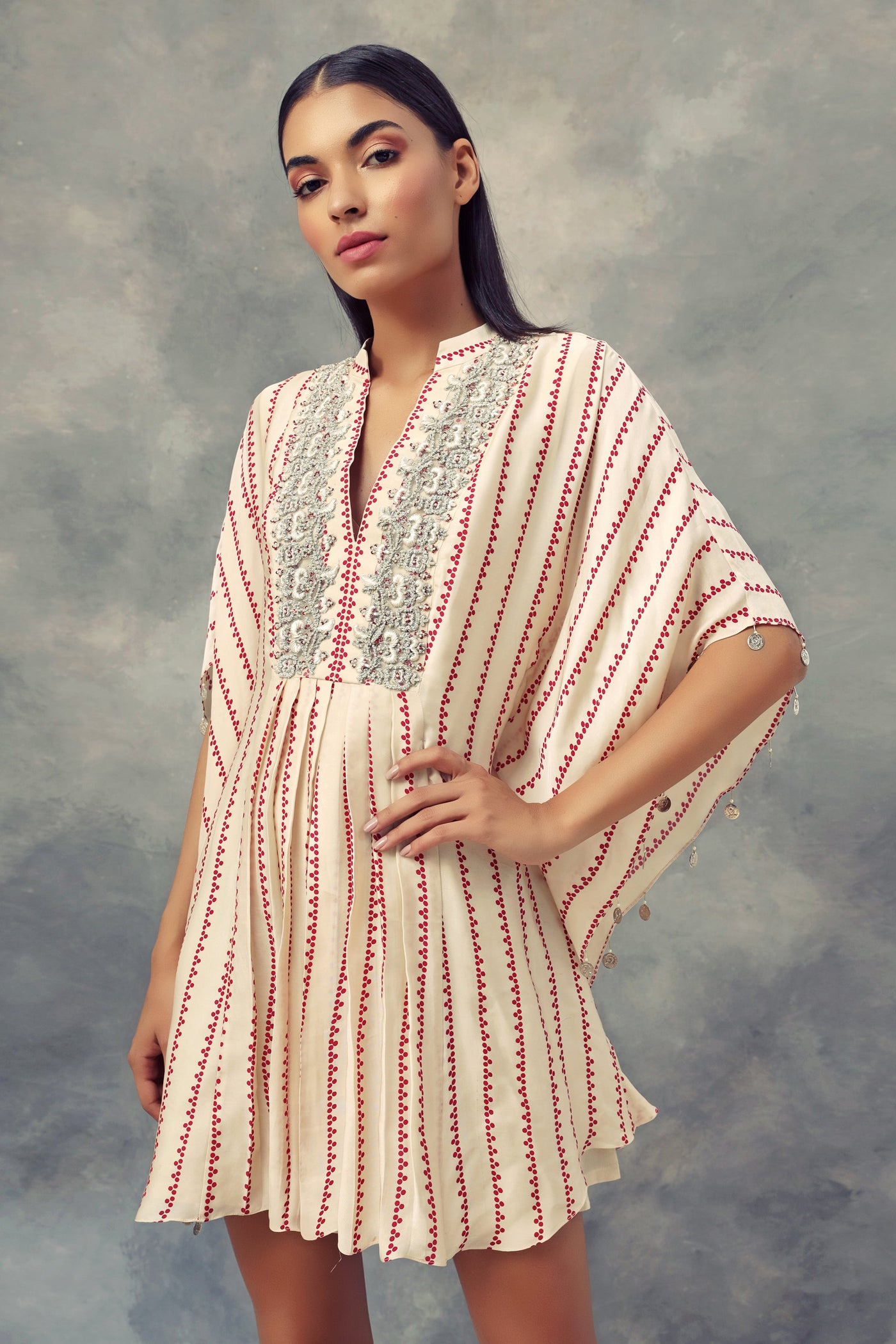 Ivory Nukta Print Embroidered Kaftan Dress - BHUMIKA SHARMA