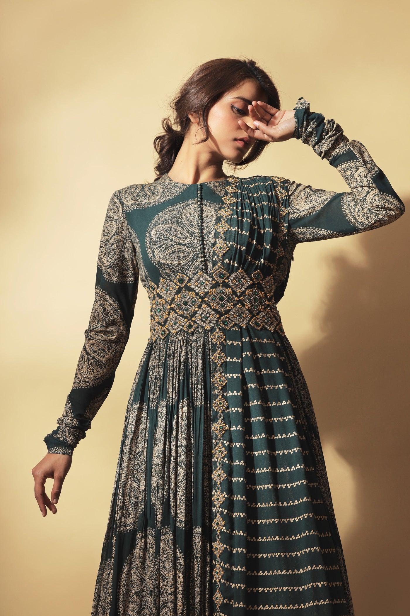 Teal Ambi Circle Print Belted Anarkali