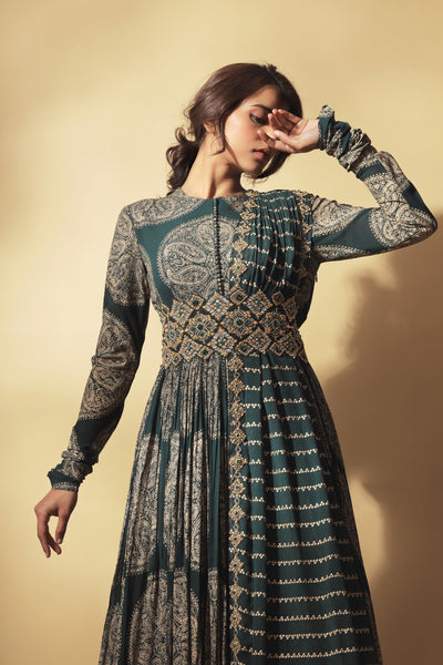 Teal Ambi Circle Print Belted Anarkali