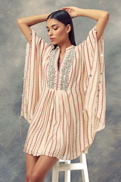 Ivory Nukta Print Embroidered Kaftan Dress - BHUMIKA SHARMA