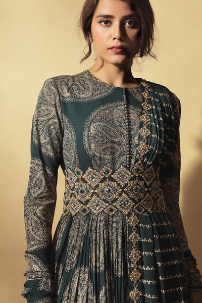 Teal Ambi Circle Print Belted Anarkali