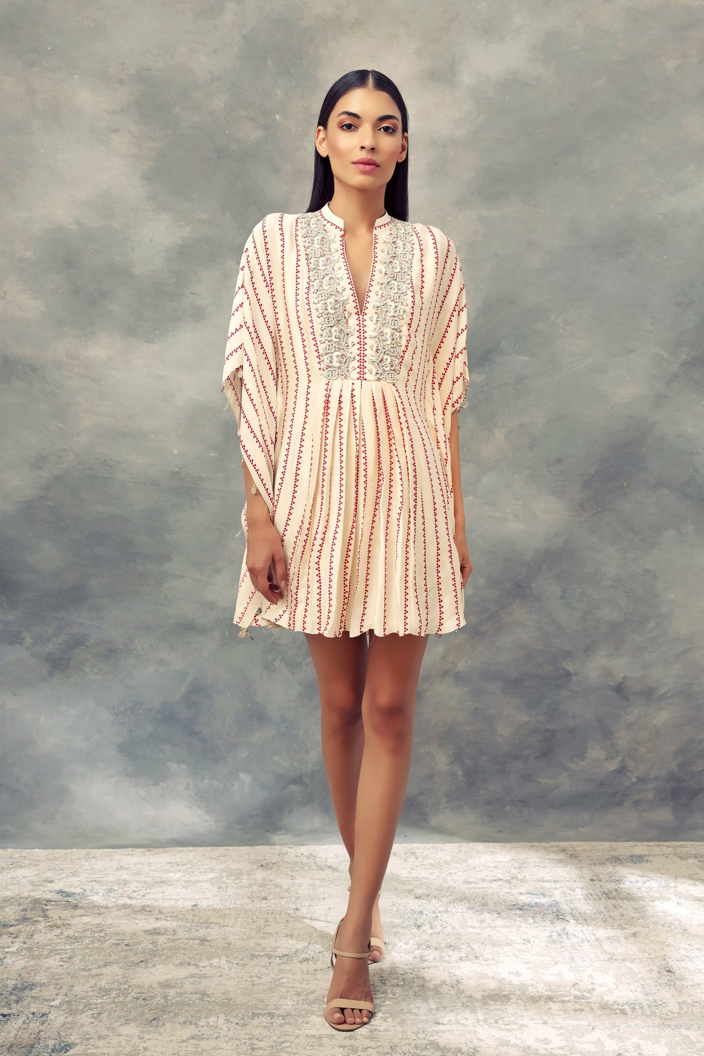 Ivory Nukta Print Embroidered Kaftan Dress - BHUMIKA SHARMA