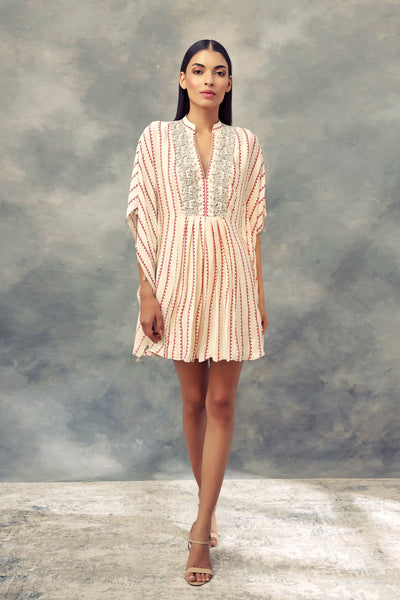 Ivory Nukta Print Embroidered Kaftan Dress - BHUMIKA SHARMA