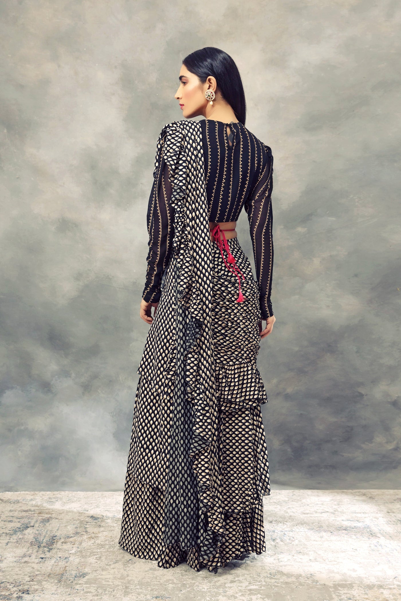 Black Bindu Print Saree With Nukta Print Drape Blouse & Embroidered Tasseled Belt - BHUMIKA SHARMA