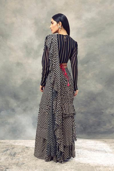 Black Bindu Print Saree With Nukta Print Drape Blouse & Embroidered Tasseled Belt - BHUMIKA SHARMA