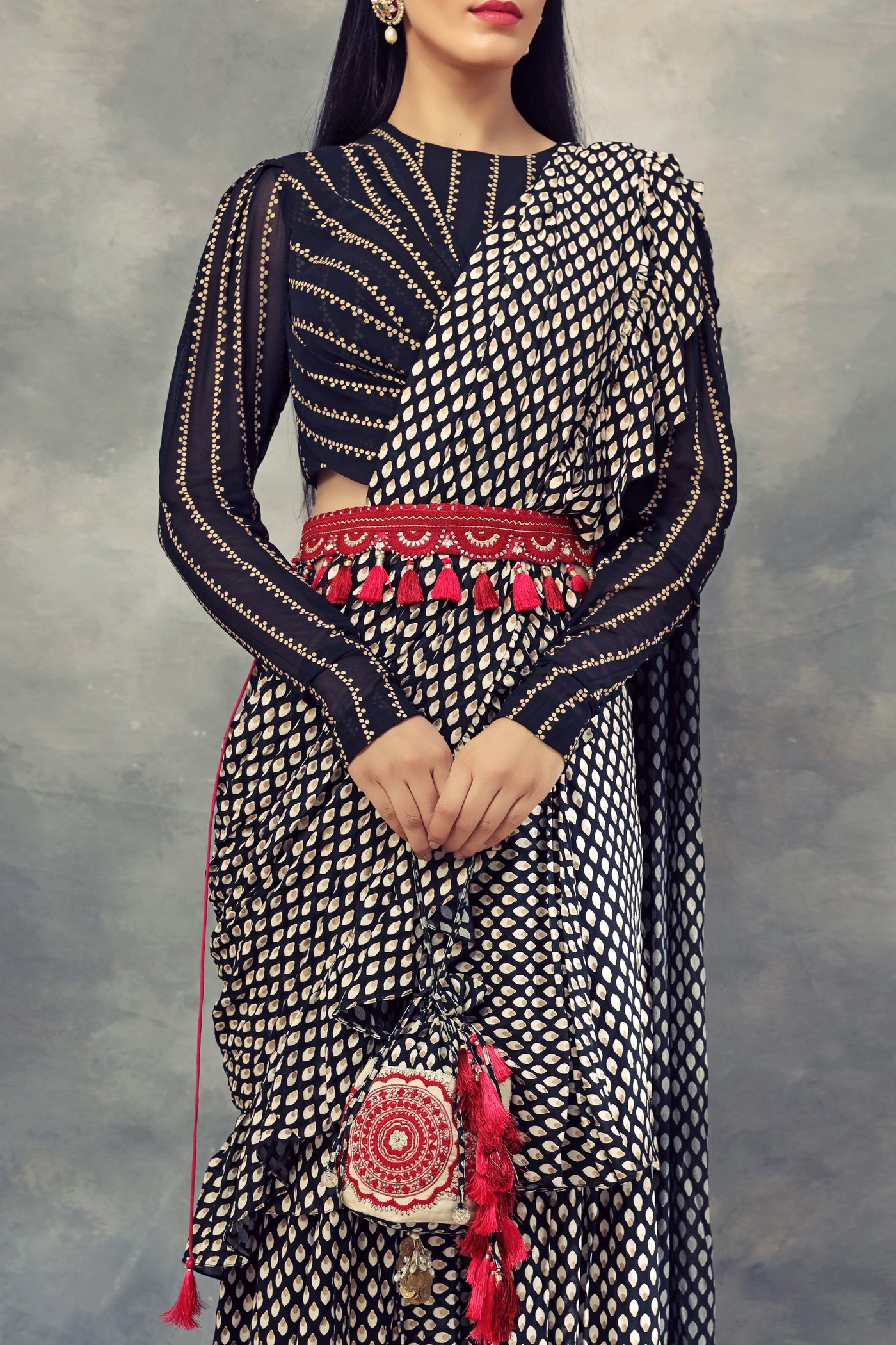 Black Bindu Print Saree With Nukta Print Drape Blouse & Embroidered Tasseled Belt - BHUMIKA SHARMA