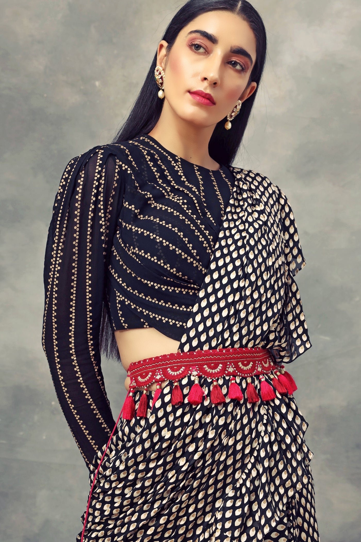 Black Bindu Print Saree With Nukta Print Drape Blouse & Embroidered Tasseled Belt - BHUMIKA SHARMA