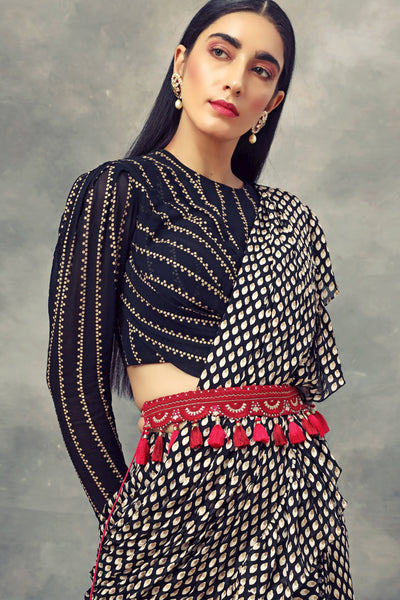 Black Bindu Print Saree With Nukta Print Drape Blouse & Embroidered Tasseled Belt - BHUMIKA SHARMA