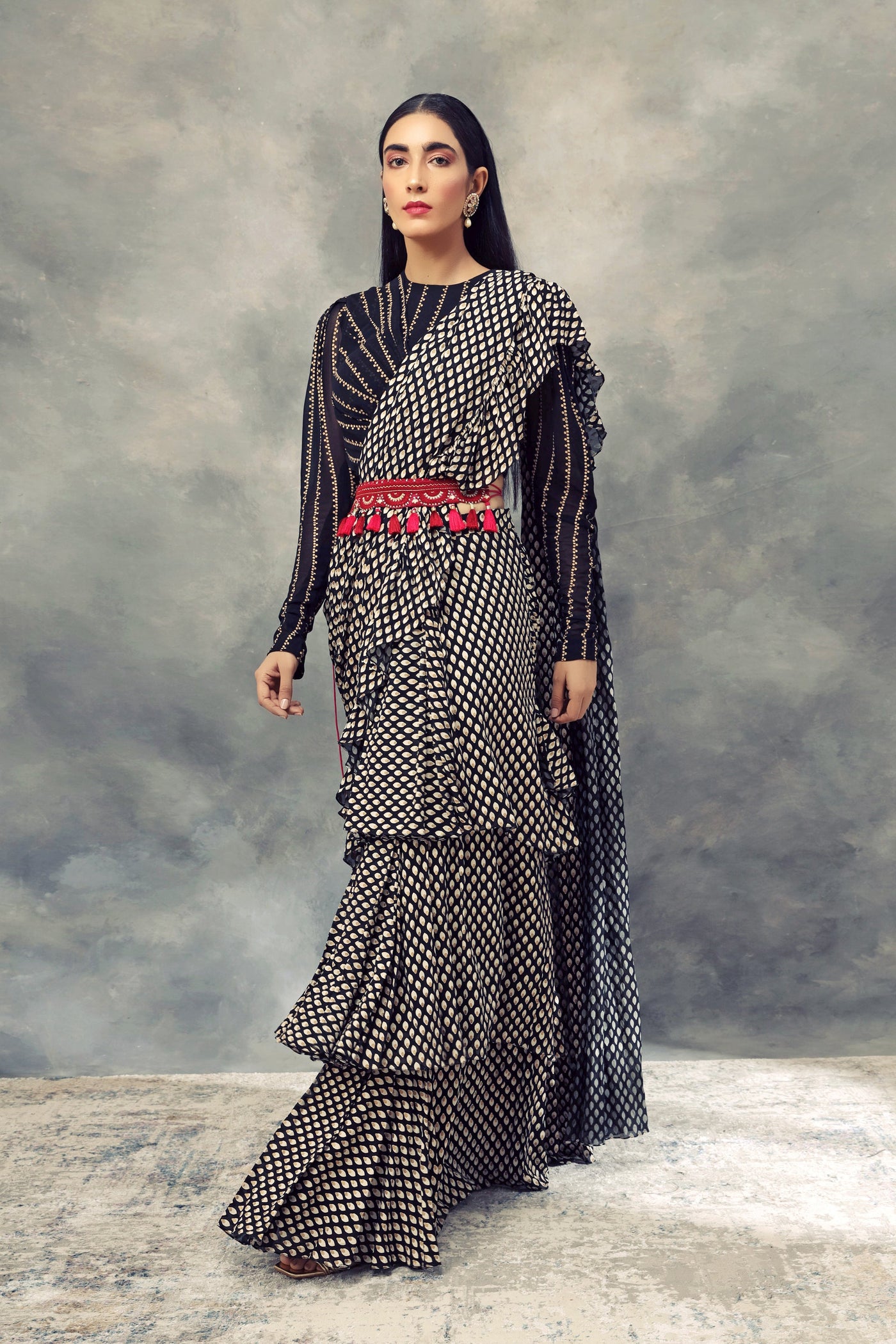 Black Bindu Print Saree With Nukta Print Drape Blouse & Embroidered Tasseled Belt - BHUMIKA SHARMA