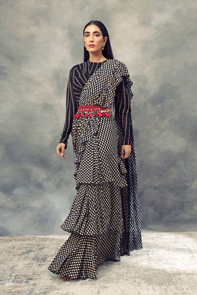 Black Bindu Print Saree With Nukta Print Drape Blouse & Embroidered Tasseled Belt - BHUMIKA SHARMA
