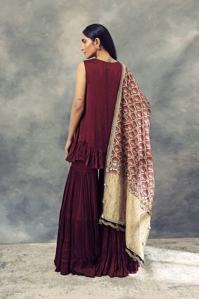 Burgandy Kurta Sharara Set & Leaf Print Embroidered Odhni - BHUMIKA SHARMA