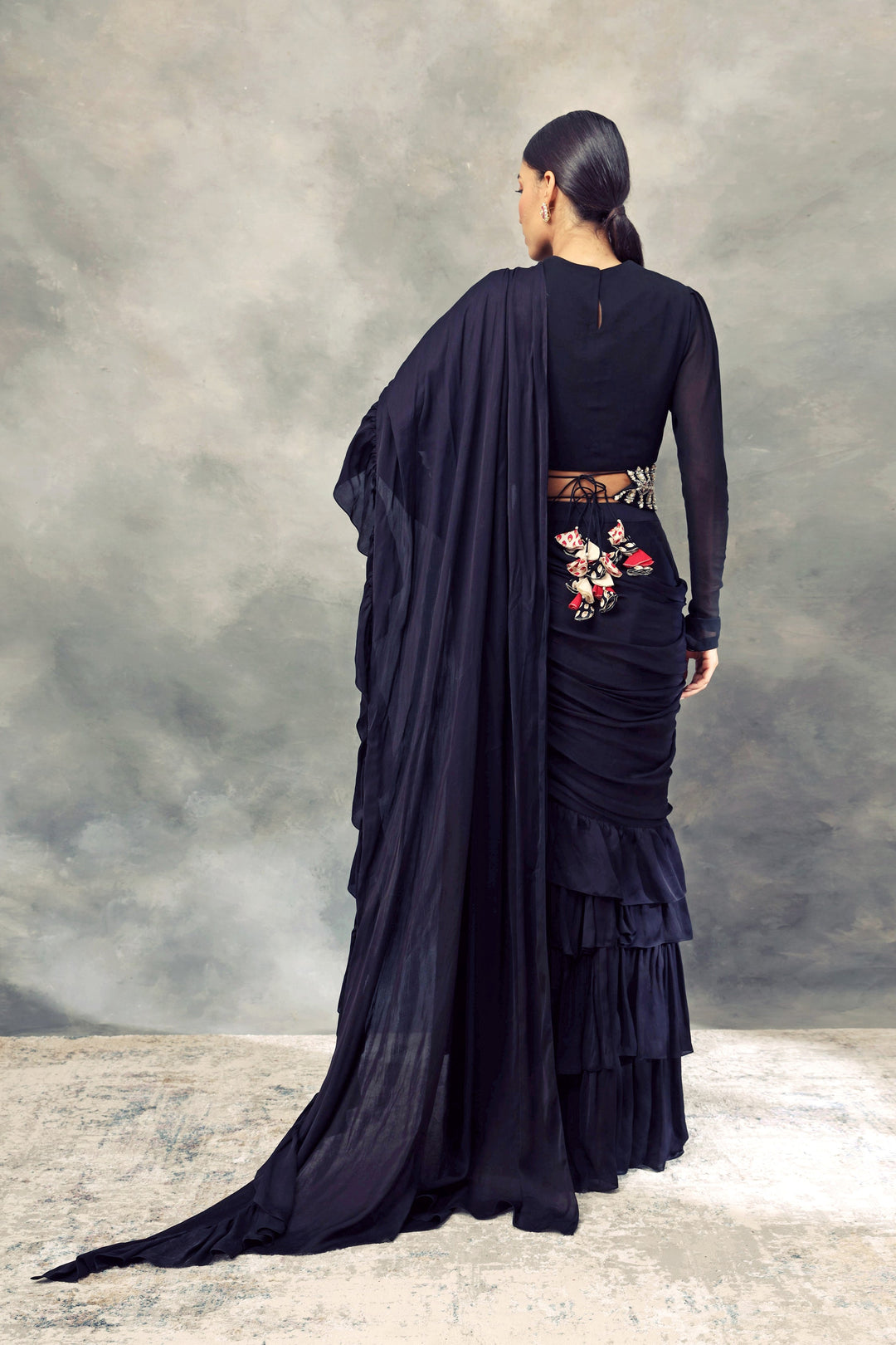 Black Ruffle Saree With Draped Blouse & Handcrafted Pearl Embroidered Belt - BHUMIKA SHARMA