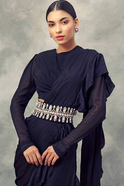 Black Ruffle Saree With Draped Blouse & Handcrafted Pearl Embroidered Belt - BHUMIKA SHARMA