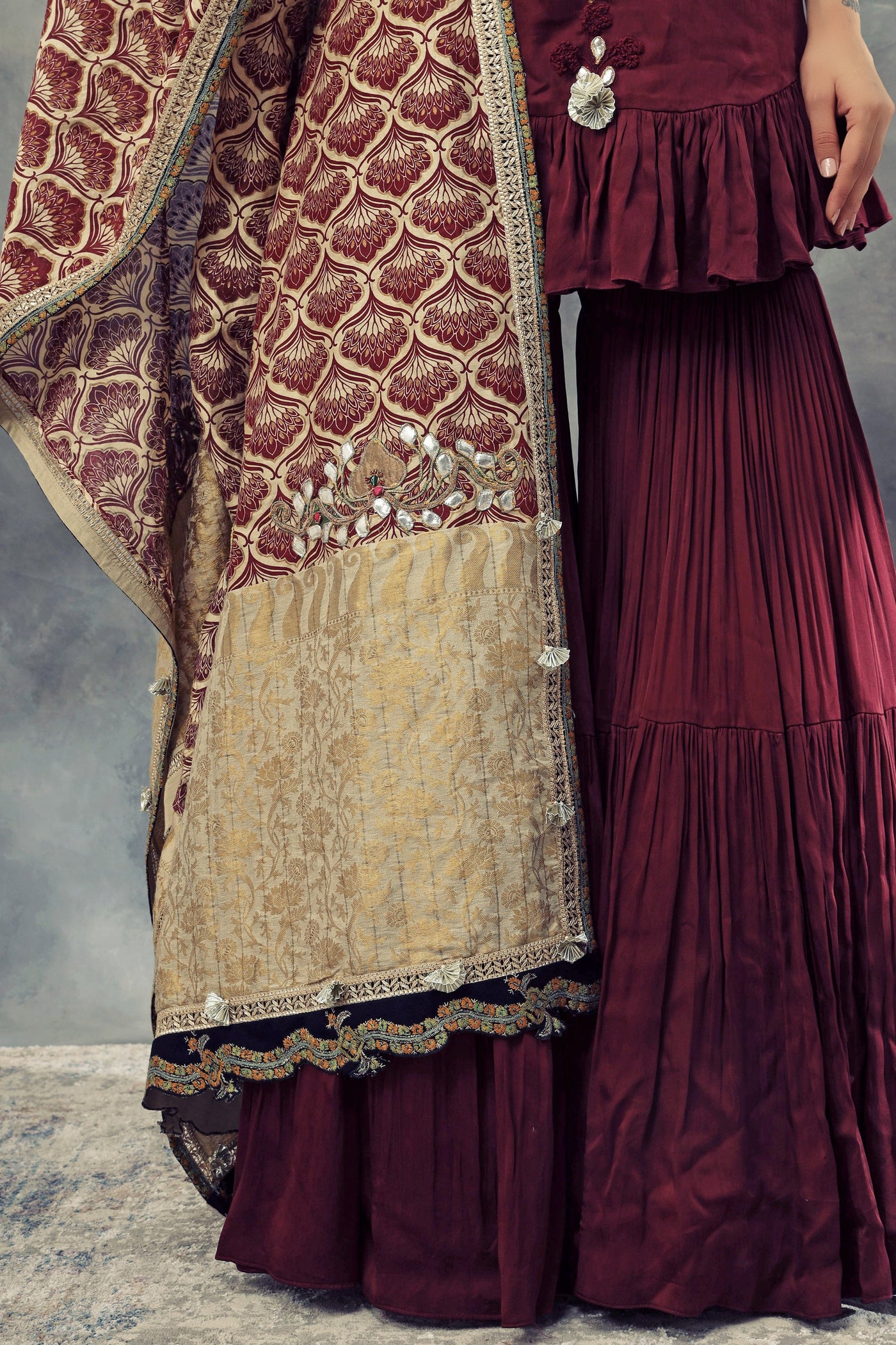 Burgandy Kurta Sharara Set & Leaf Print Embroidered Odhni - BHUMIKA SHARMA