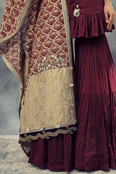 Burgandy Kurta Sharara Set & Leaf Print Embroidered Odhni - BHUMIKA SHARMA