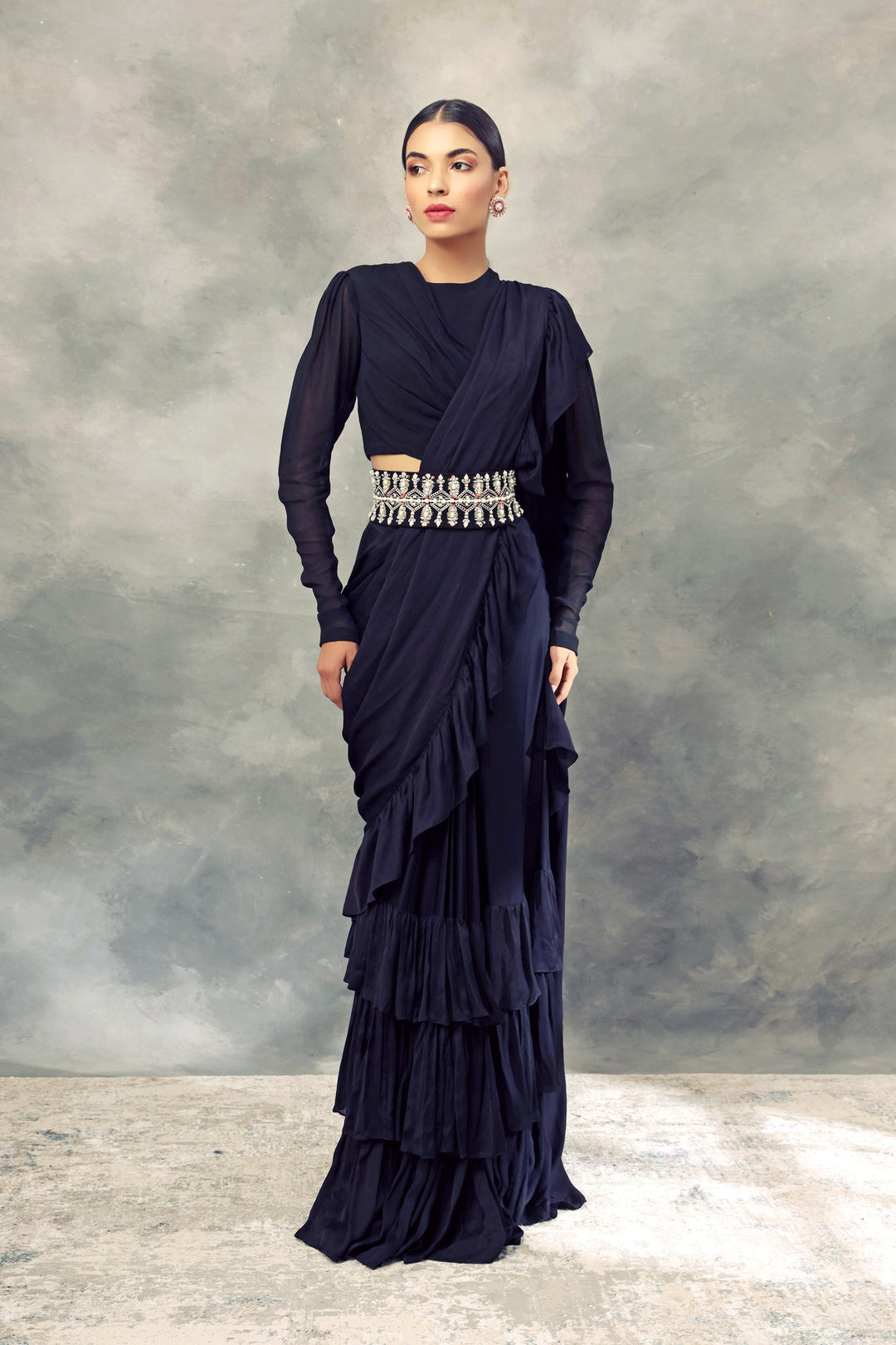 Black Ruffle Saree With Draped Blouse & Handcrafted Pearl Embroidered Belt - BHUMIKA SHARMA