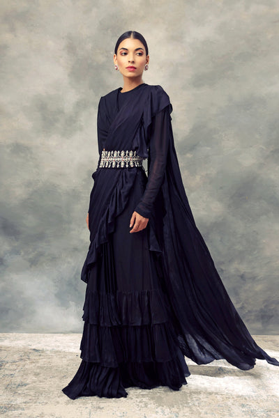 Black Ruffle Saree With Draped Blouse & Handcrafted Pearl Embroidered Belt - BHUMIKA SHARMA
