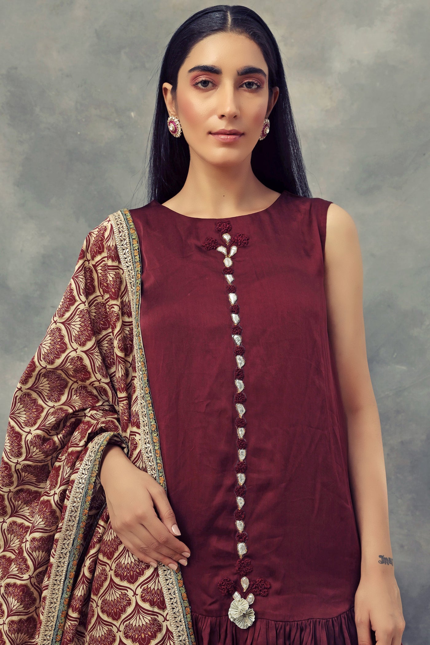 Burgandy Kurta Sharara Set & Leaf Print Embroidered Odhni - BHUMIKA SHARMA