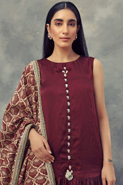 Burgandy Kurta Sharara Set & Leaf Print Embroidered Odhni - BHUMIKA SHARMA