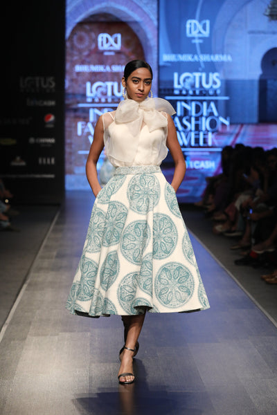 A Sheer Bow-Neck Top With A Printed Skirt - BHUMIKA SHARMA