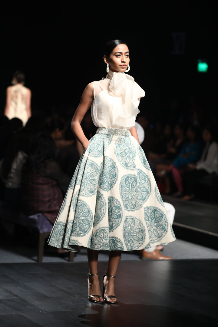 A Sheer Bow-Neck Top With A Printed Skirt - BHUMIKA SHARMA