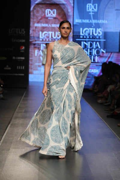 A Printed Fringe Saree With An Embellished Blouse & Belt - BHUMIKA SHARMA