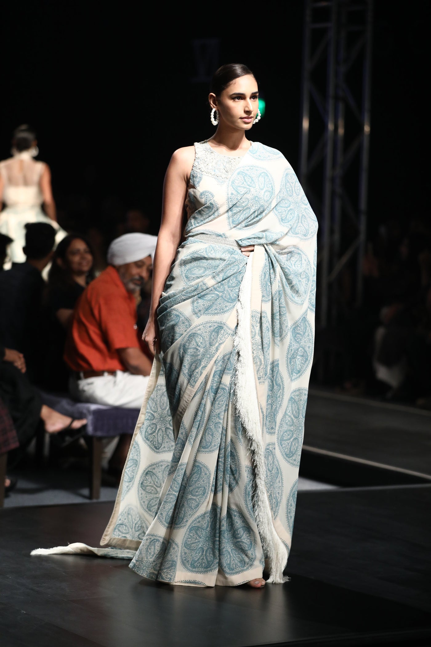 A Printed Fringe Saree With An Embellished Blouse & Belt - BHUMIKA SHARMA