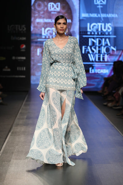 A Printed Balloon Sleeved Top With A Dual Print High-Slit Embellished Skirt - BHUMIKA SHARMA