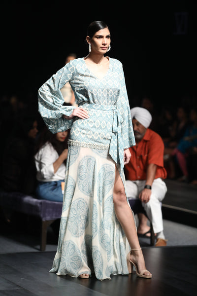 A Printed Balloon Sleeved Top With A Dual Print High-Slit Embellished Skirt - BHUMIKA SHARMA
