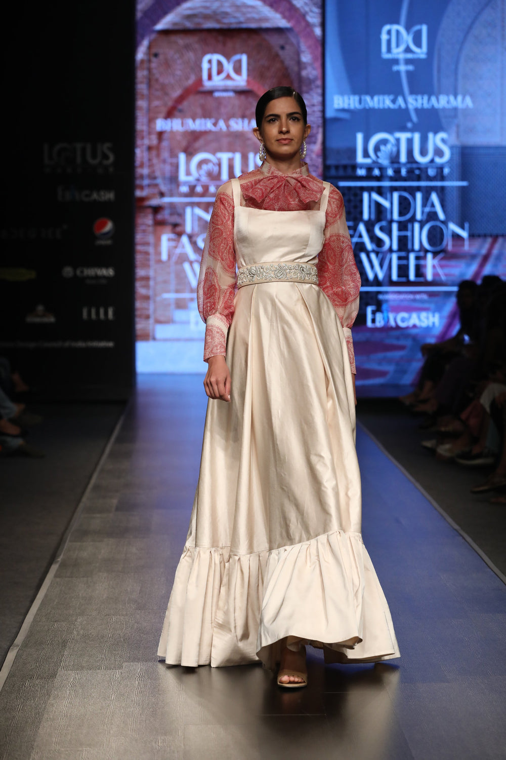 An Ivory Long Dress With A Printed Front Bow Sheer Blouse & Embellished Leather Belt - BHUMIKA SHARMA