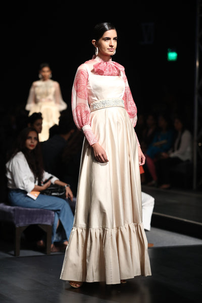An Ivory Long Dress With A Printed Front Bow Sheer Blouse & Embellished Leather Belt - BHUMIKA SHARMA