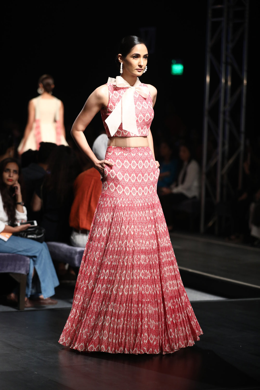 A Printed Crop Top With An Organza Bow Neck & A Printed Pleated Skirt - BHUMIKA SHARMA