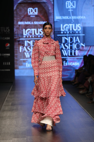 A Printed Layered Dress With A Pearl Embellished Belt - BHUMIKA SHARMA