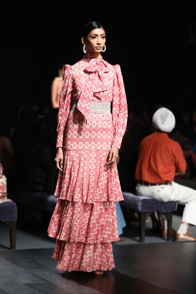 A Printed Layered Dress With A Pearl Embellished Belt - BHUMIKA SHARMA