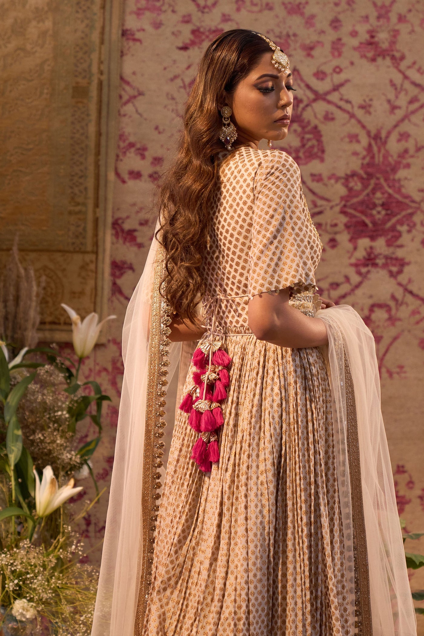 Beige Mogra Print Belted Anarkali
