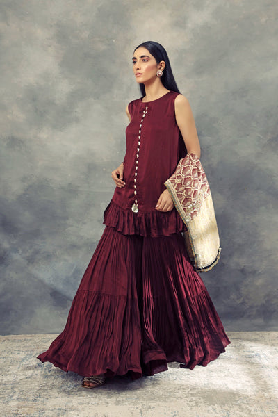 Burgandy Kurta Sharara Set & Leaf Print Embroidered Odhni - BHUMIKA SHARMA