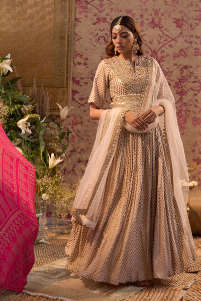 Beige Mogra Print Belted Anarkali