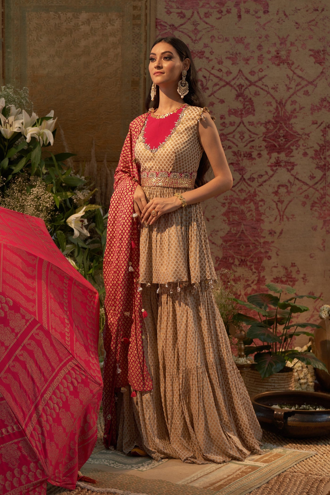 Beige Mogra Print Embroidered Peplum Kurta & Sharara Set