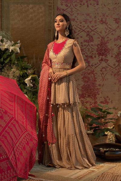 Beige Mogra Print Embroidered Peplum Kurta & Sharara Set