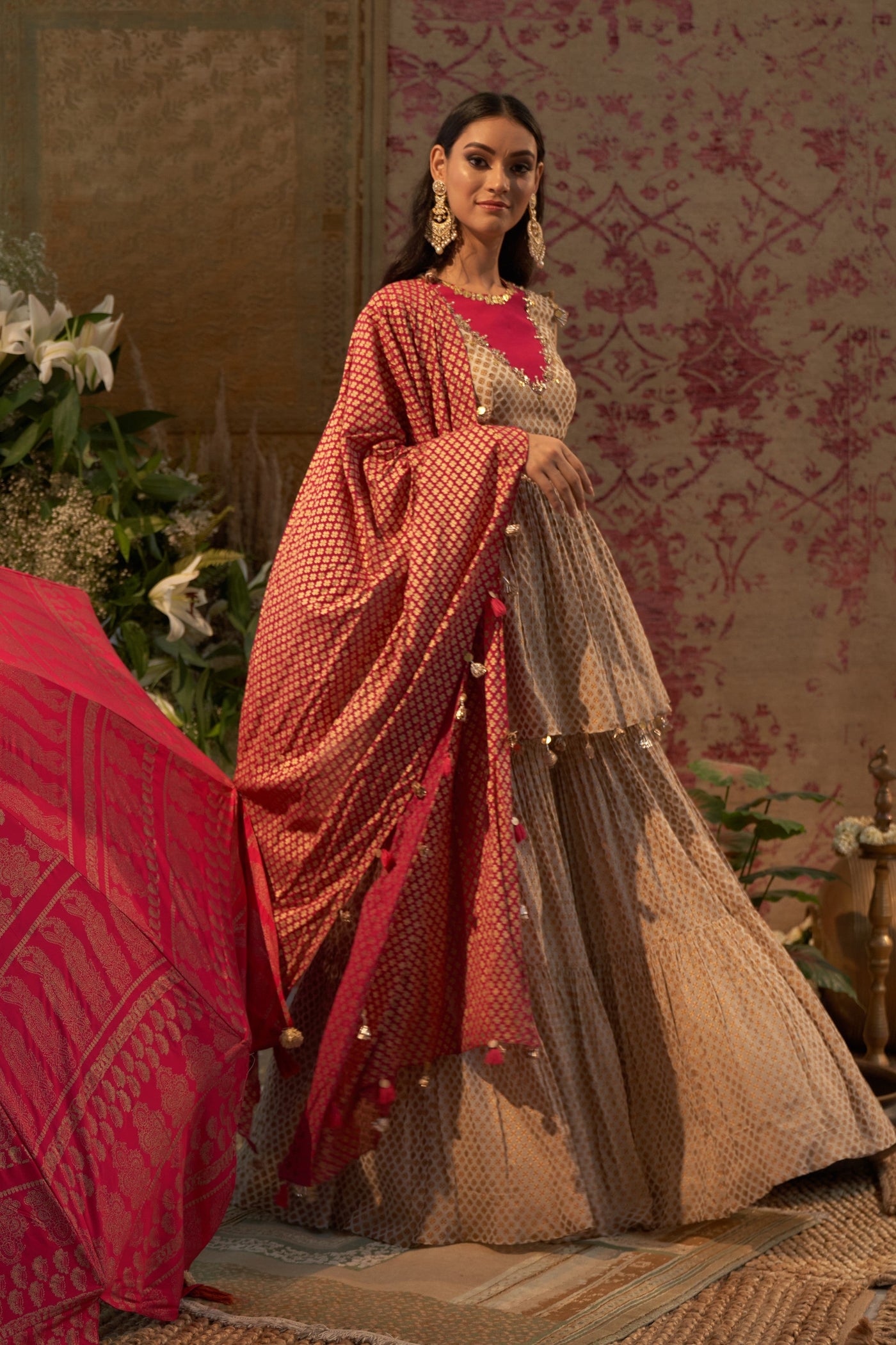 Beige Mogra Print Embroidered Peplum Kurta & Sharara Set