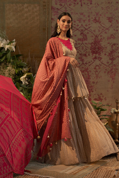 Beige Mogra Print Embroidered Peplum Kurta & Sharara Set