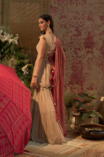 Beige Mogra Print Embroidered Peplum Kurta & Sharara Set