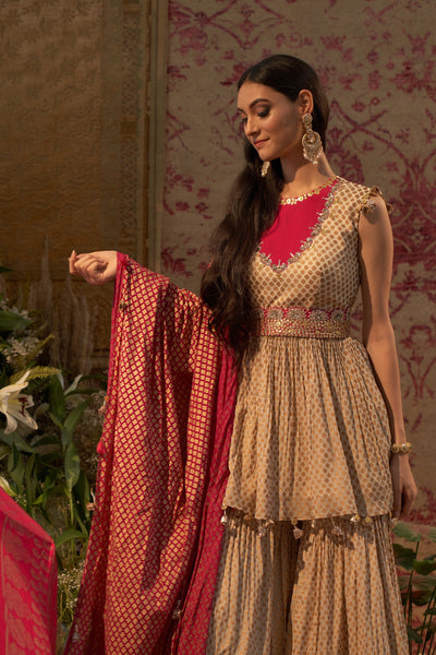 Beige Mogra Print Embroidered Peplum Kurta & Sharara Set