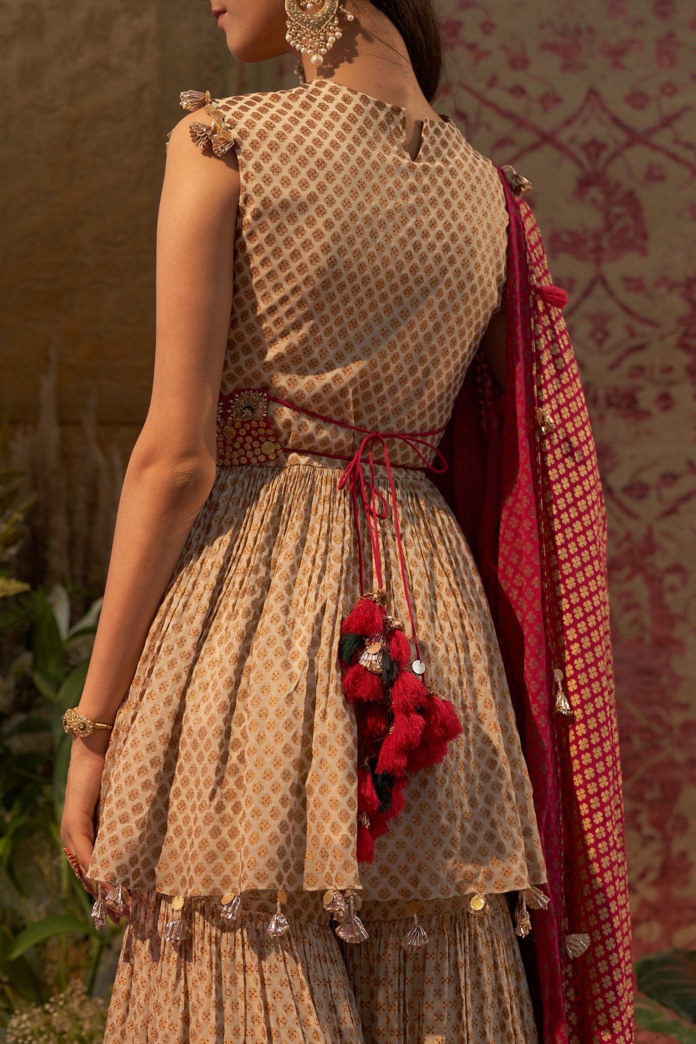 Beige Mogra Print Embroidered Peplum Kurta & Sharara Set