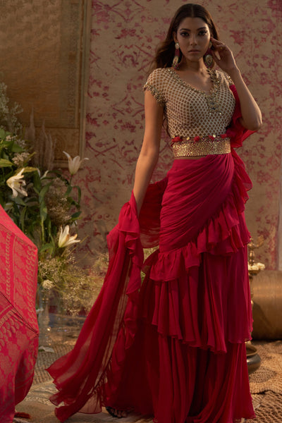 Rani Pink Belted Layered Saree
