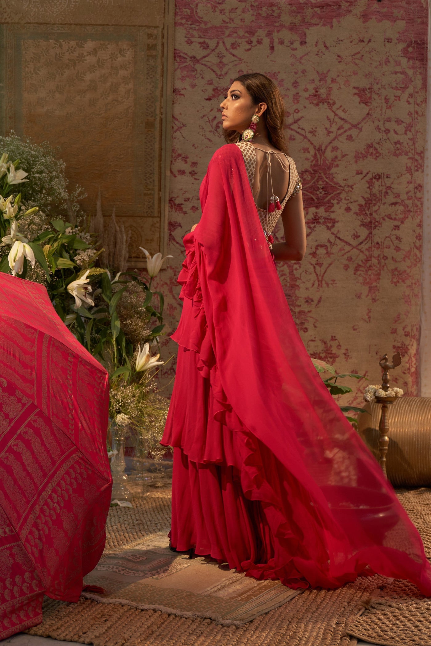Rani Pink Belted Layered Saree